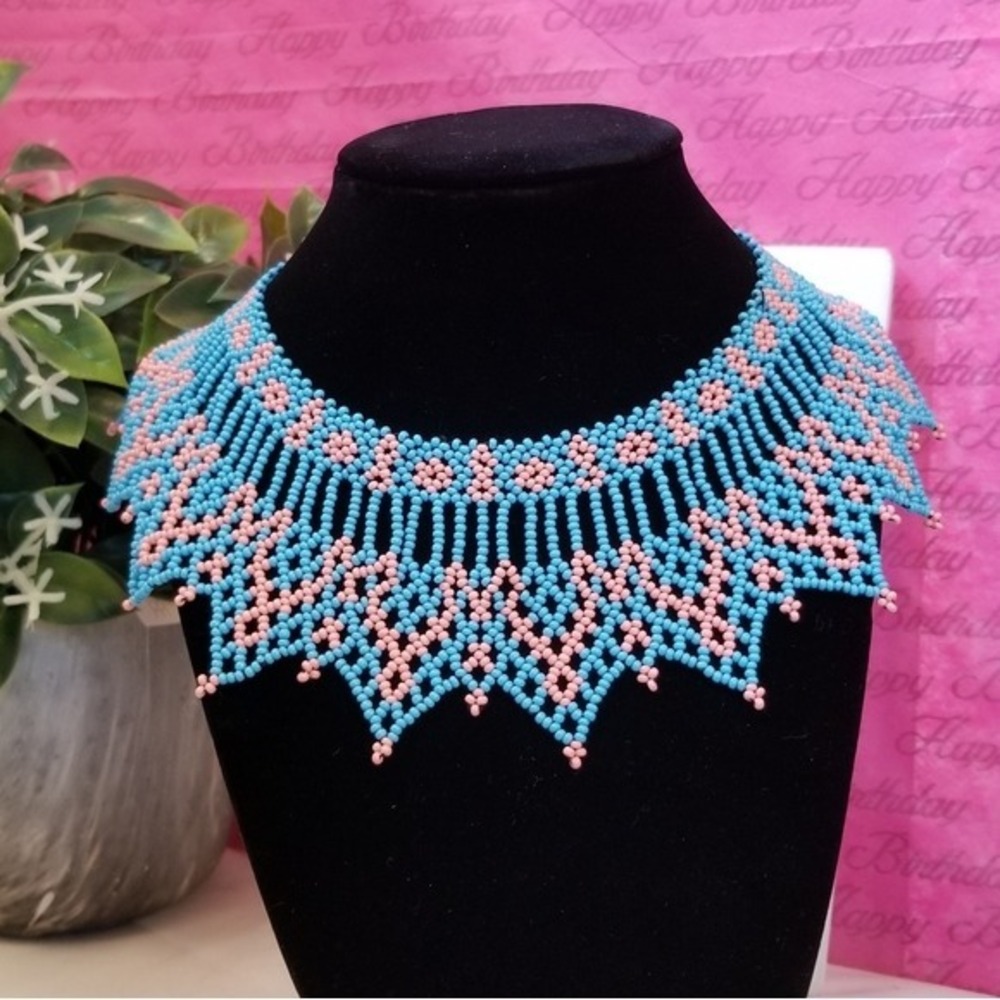 Large Blue Zcech bead Necklace 14"